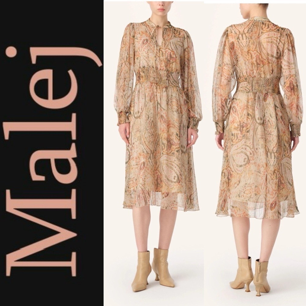 NWT Malej Silk Printed Metallic Long Sleeve midi Dress EU 34-36 - Picture 2 of 15
